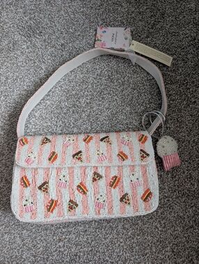 Viral Beaded Pink Striped Snacks Popcorn Pizza Hamburger Shoulder Bag w/ Charm